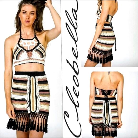 Rare Cleobella Festival Loose Crochet Pom Fringe Bohemian Mini Skirt XS - Picture 1 of 15